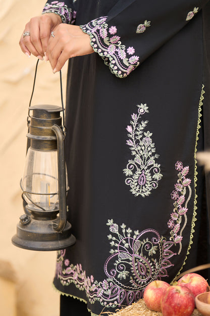 Black unstitched embroidered suit, Lilac and sage thread V neck embroidery, Paisley border on black shirt hem, Scalloped lace hem black trouser-SAFANOOR
