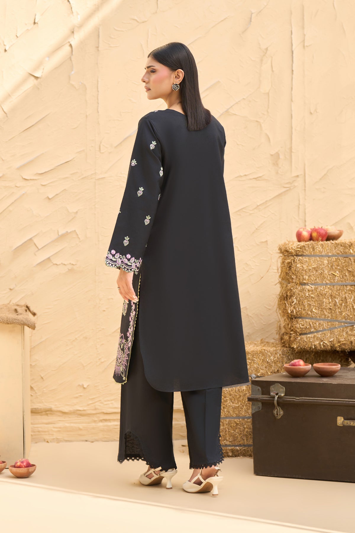 Black unstitched embroidered suit, Lilac and sage thread V neck embroidery, Paisley border on black shirt hem, Scalloped lace hem black trouser-SAFANOOR