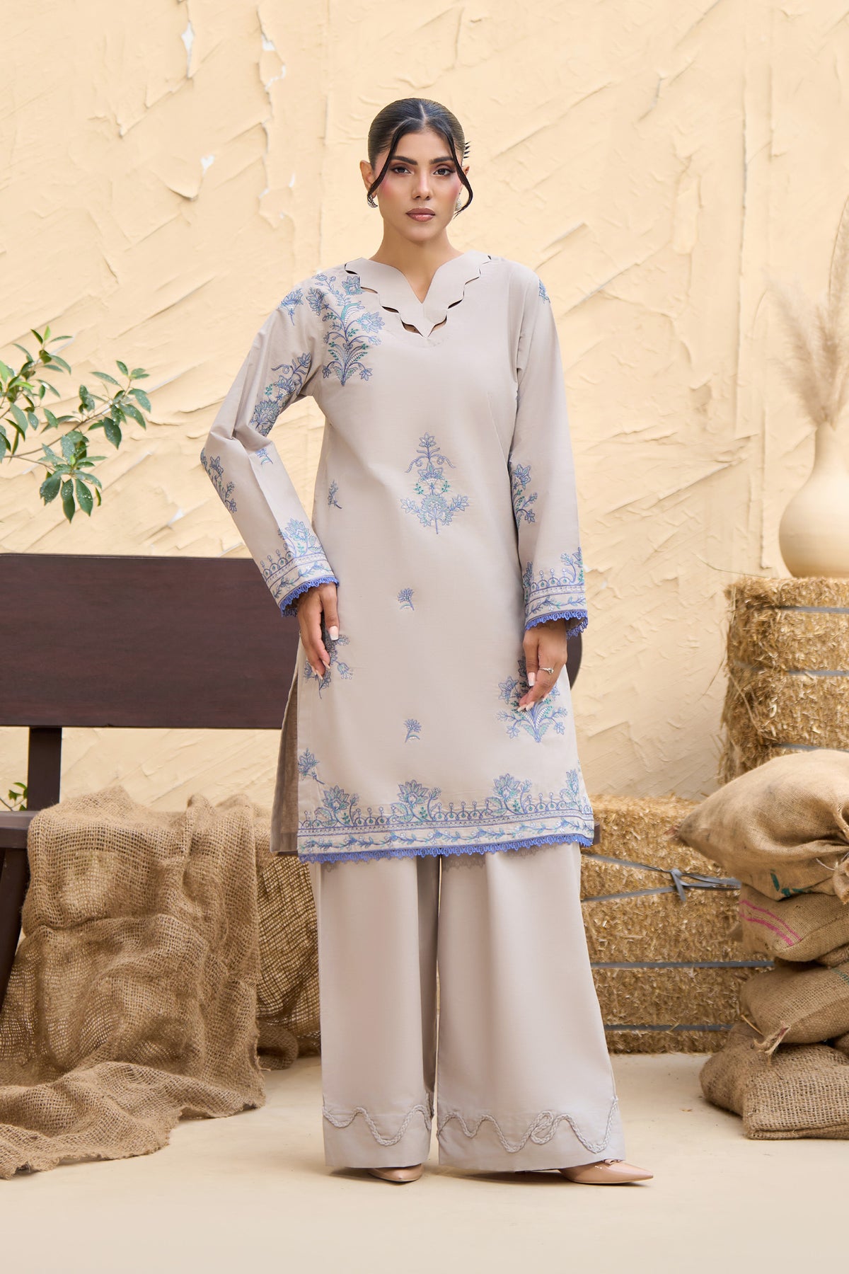 Pearl Grey unstitched embroidered suit, Scalloped cut work neckline on grey shirt, Periwinkle blue floral embroidery, Wide leg trouser with wavy cord hem-SAFANOOR
