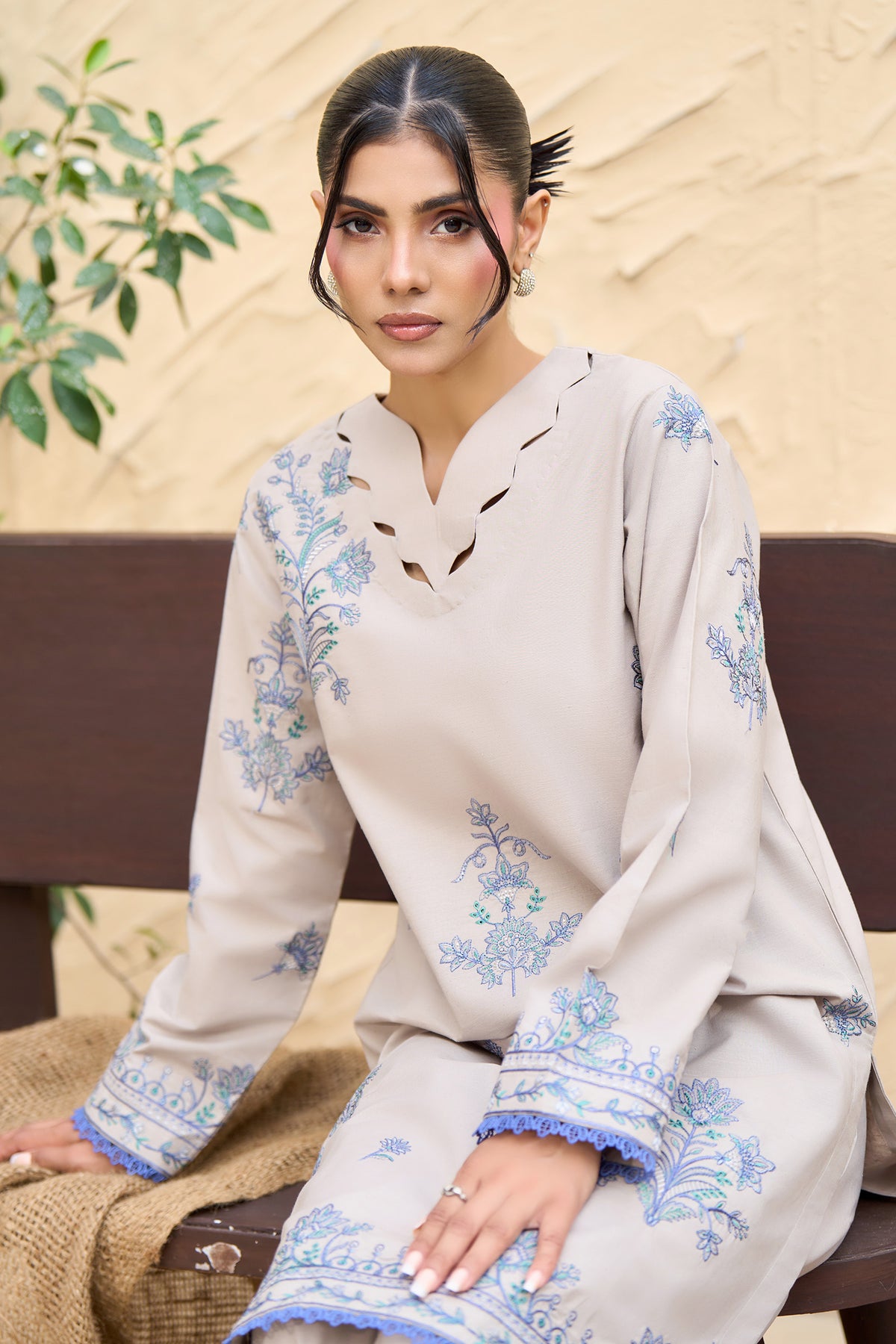 Pearl Grey unstitched embroidered suit, Scalloped cut work neckline on grey shirt, Periwinkle blue floral embroidery, Wide leg trouser with wavy cord hem-SAFANOOR