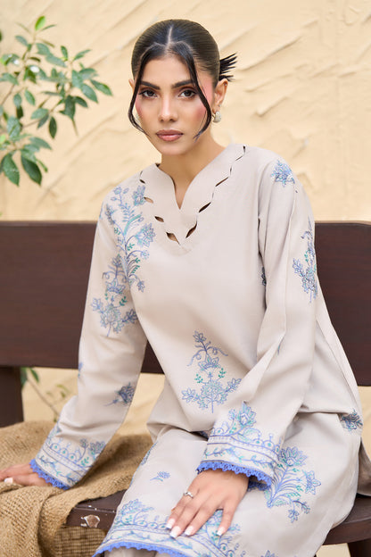 Pearl Grey unstitched embroidered suit, Scalloped cut work neckline on grey shirt, Periwinkle blue floral embroidery, Wide leg trouser with wavy cord hem-SAFANOOR