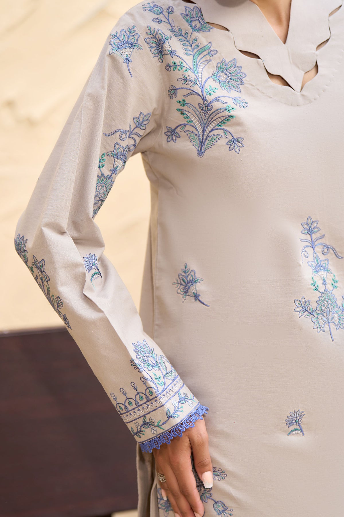Pearl Grey unstitched embroidered suit, Scalloped cut work neckline on grey shirt, Periwinkle blue floral embroidery, Wide leg trouser with wavy cord hem-SAFANOOR