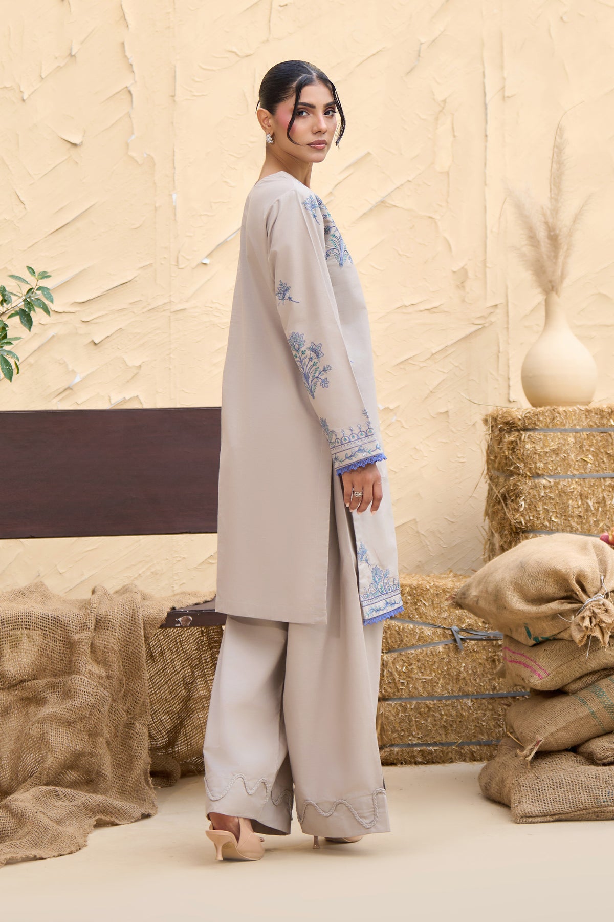Pearl Grey unstitched embroidered suit, Scalloped cut work neckline on grey shirt, Periwinkle blue floral embroidery, Wide leg trouser with wavy cord hem-SAFANOOR
