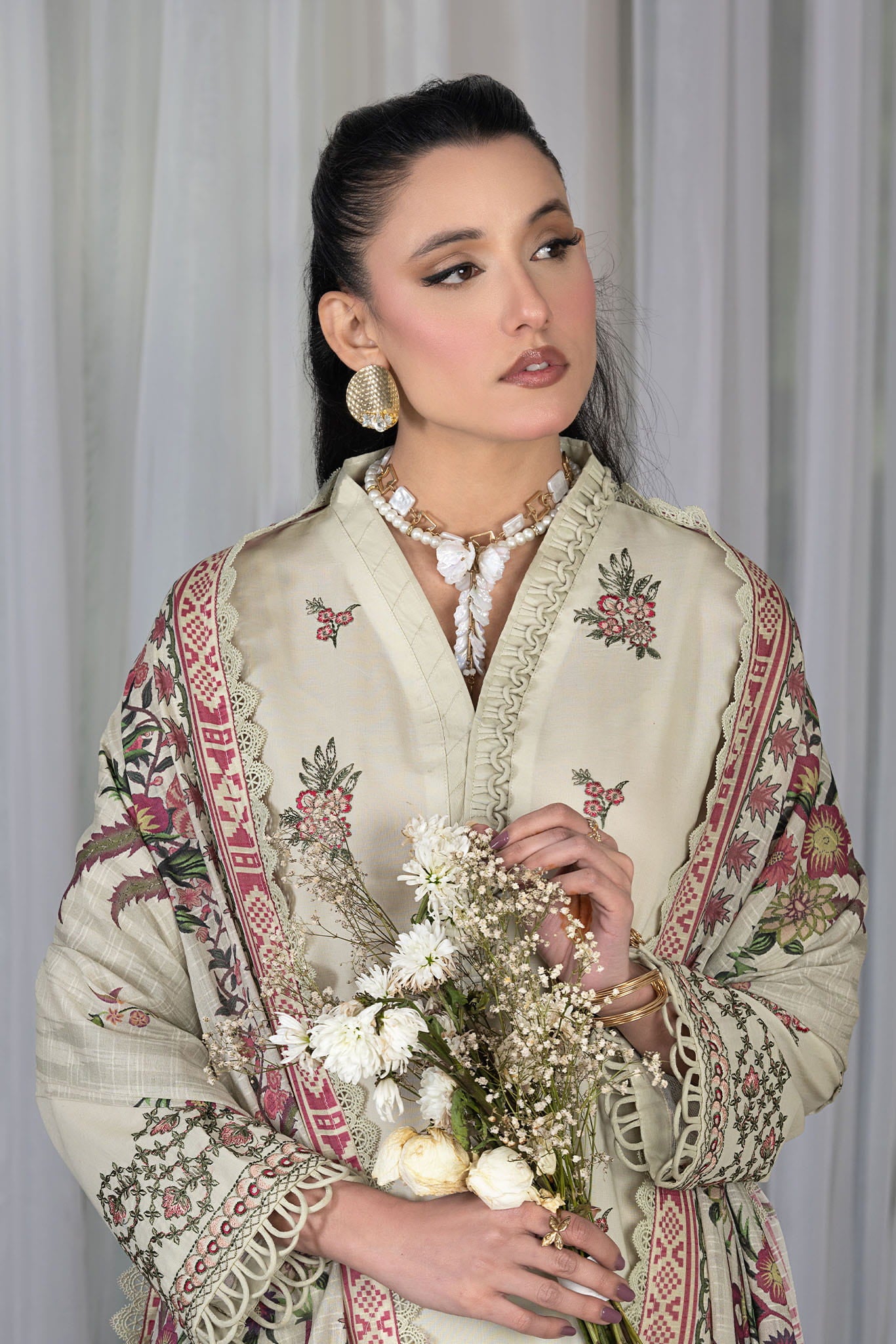 3 Piece Unstitched Boutique Beige Luxury Embroidered Lawn