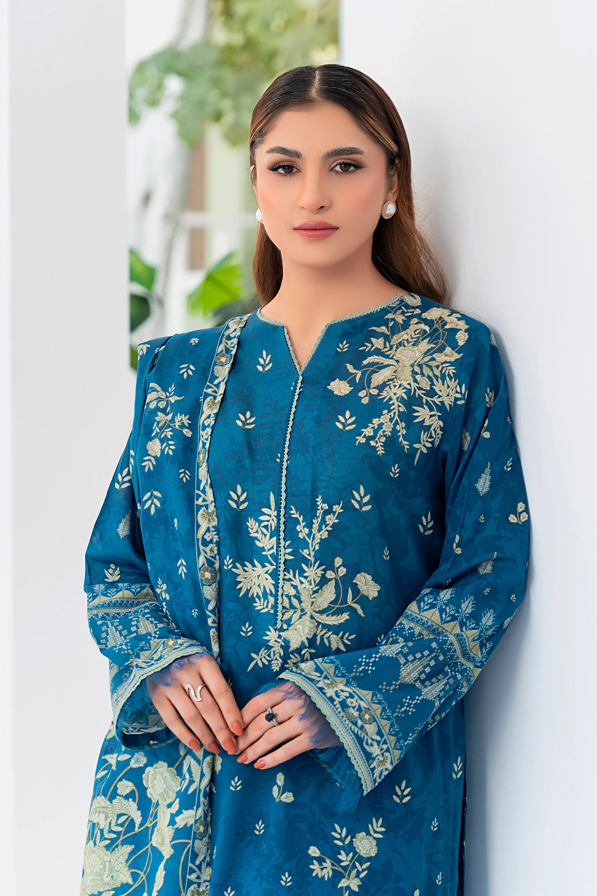 3 Piece Unstitched Sea Blue Premium Printed Lawn