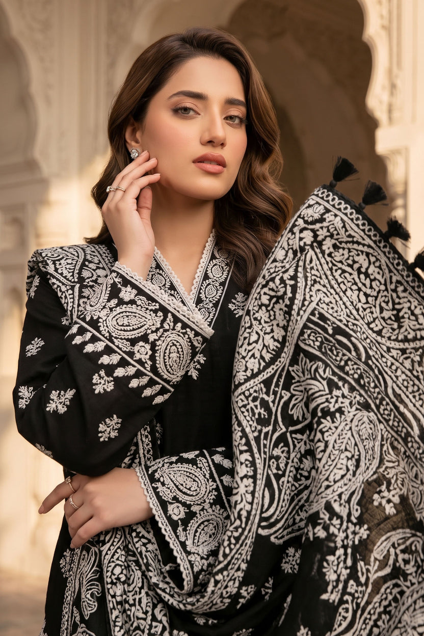 Unstitched Premium Printed 3-Piece Linen Black Suit Main image