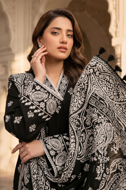 Unstitched Premium Printed 3-Piece Linen Black Suit