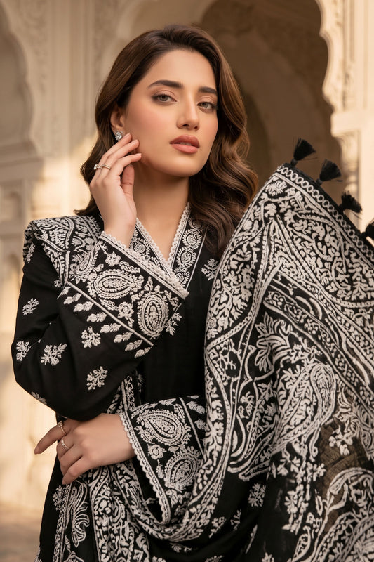 Unstitched Premium Printed 3-Piece Linen Black Suit