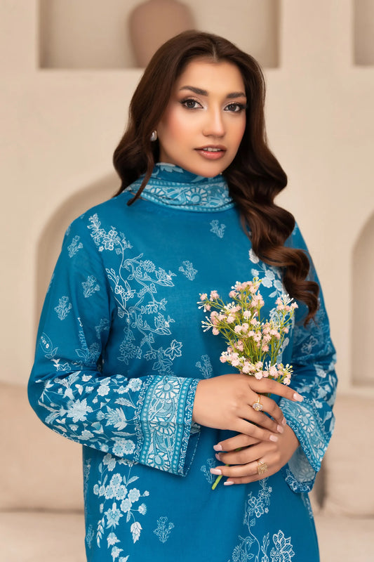 3 Piece Unstitched French Blue Premium Printed Lawn