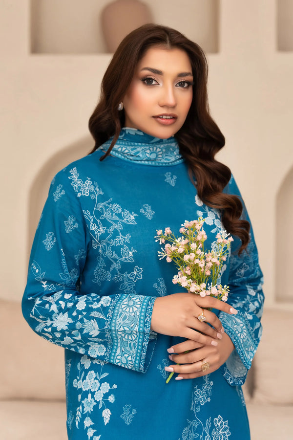 3 Piece Unstitched French Blue Premium Printed Lawn