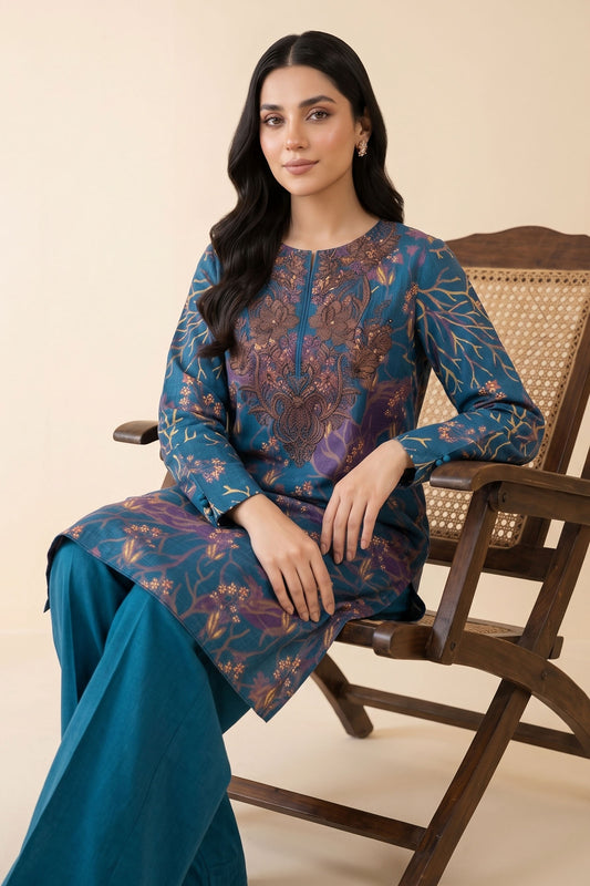 2 Piece Unstitched Embroidered Printed Khaddar - Mystic Blue