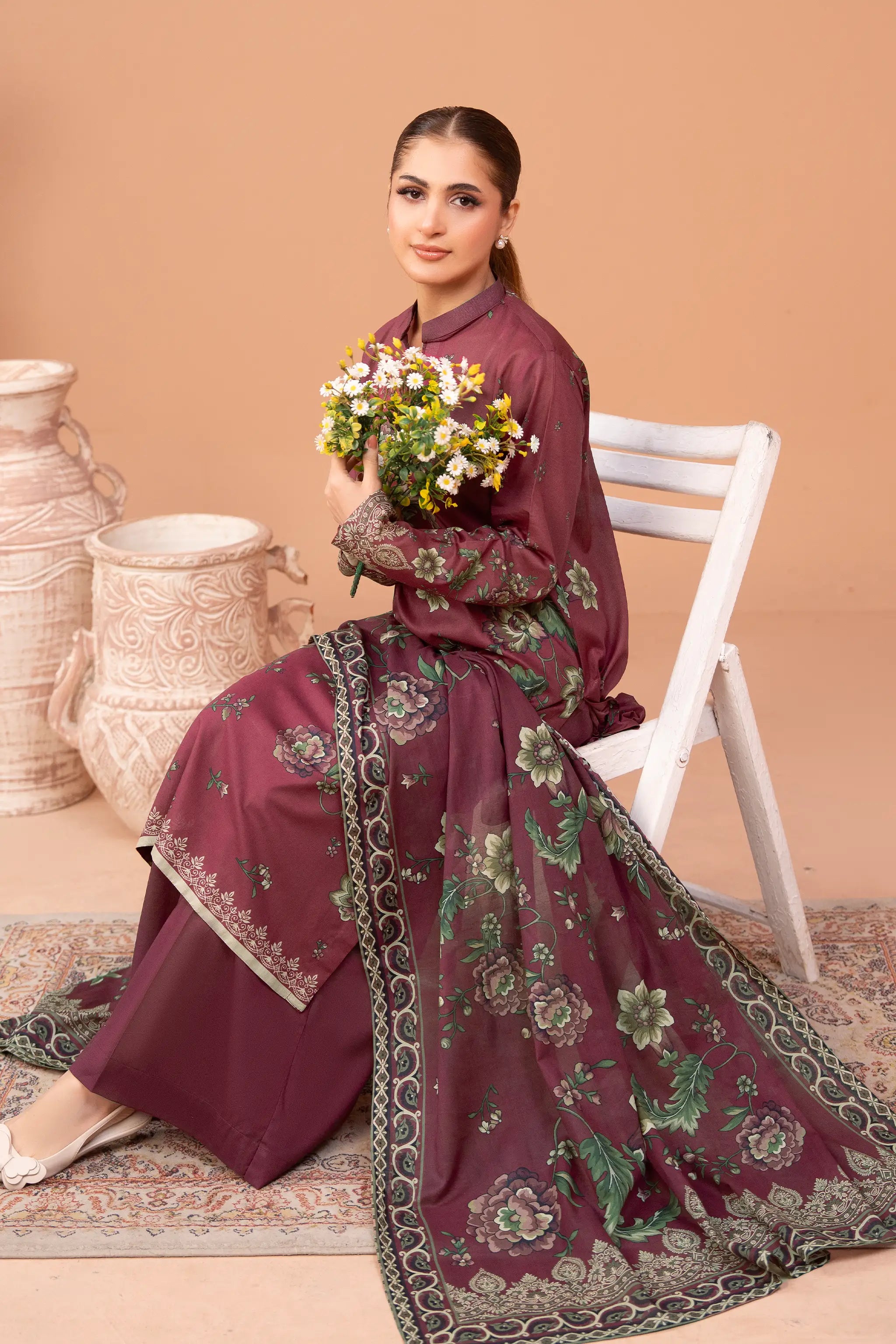 3 Piece Unstitched Wine Premium Printed Lawn