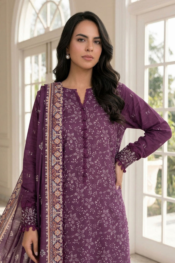 Unstitched Premium Printed 3-Piece Pansy Purple Suit