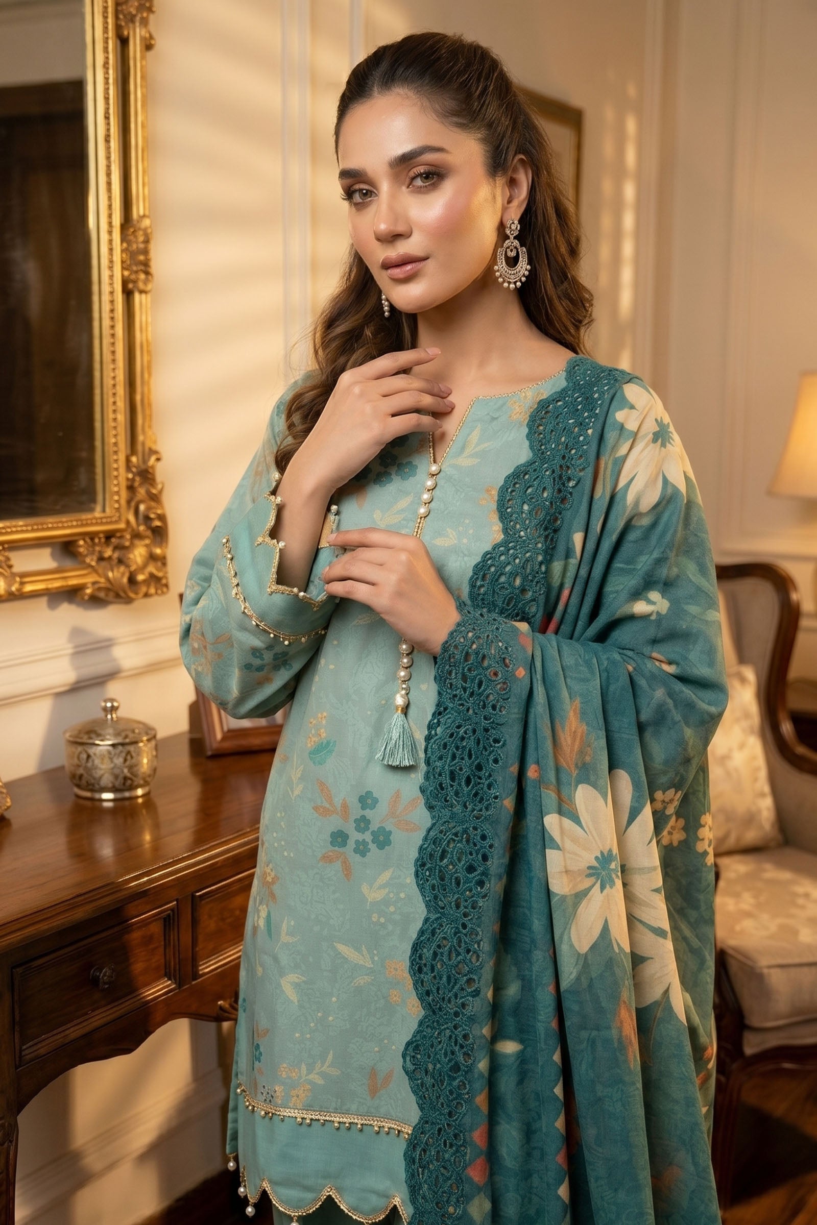 Teal Blue 3 Piece Unstitched Premium Printed Lawn