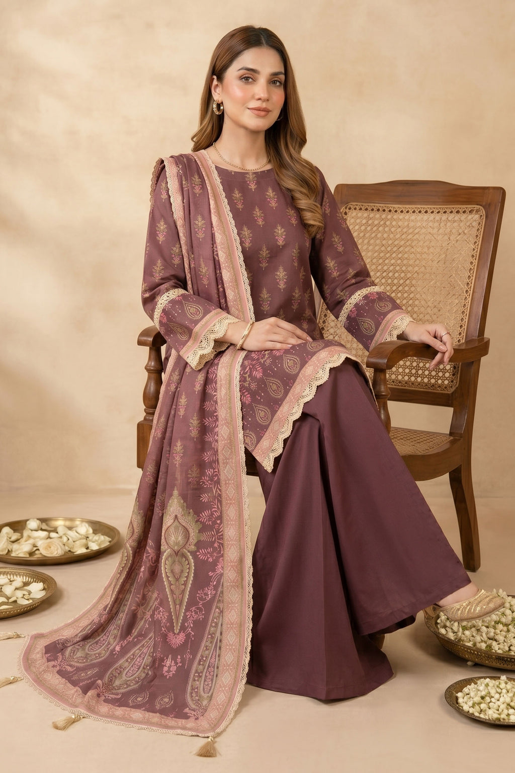 Brown 3 Piece Unstitched Premium Printed Lawn