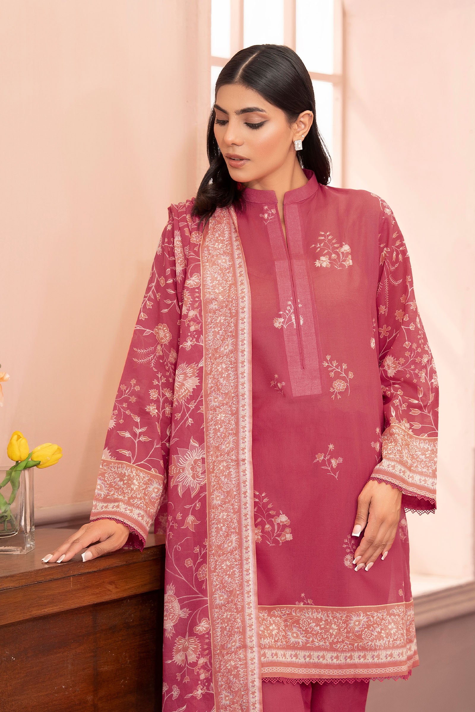 Brick Red 3 Piece Unstitched Premium Printed Lawn