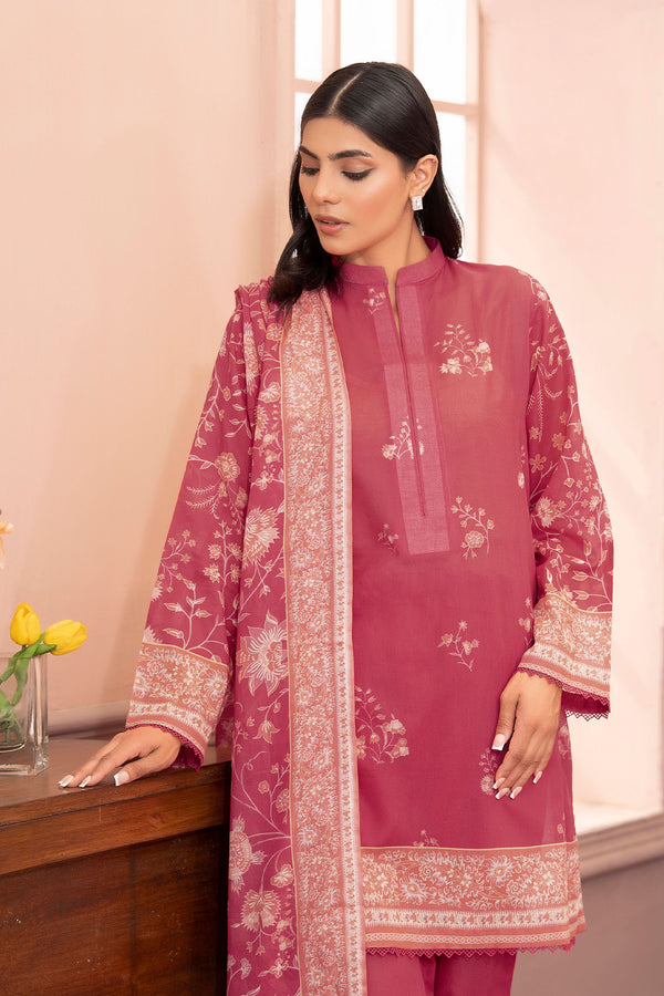 Brick Red 3 Piece Unstitched Premium Printed Lawn