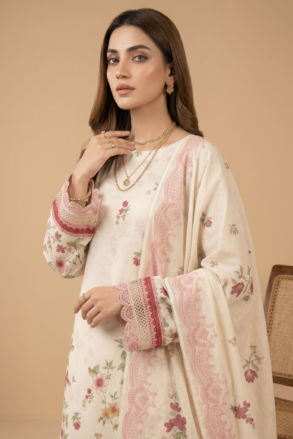 Bone 3 Piece Unstitched Premium Printed Lawn