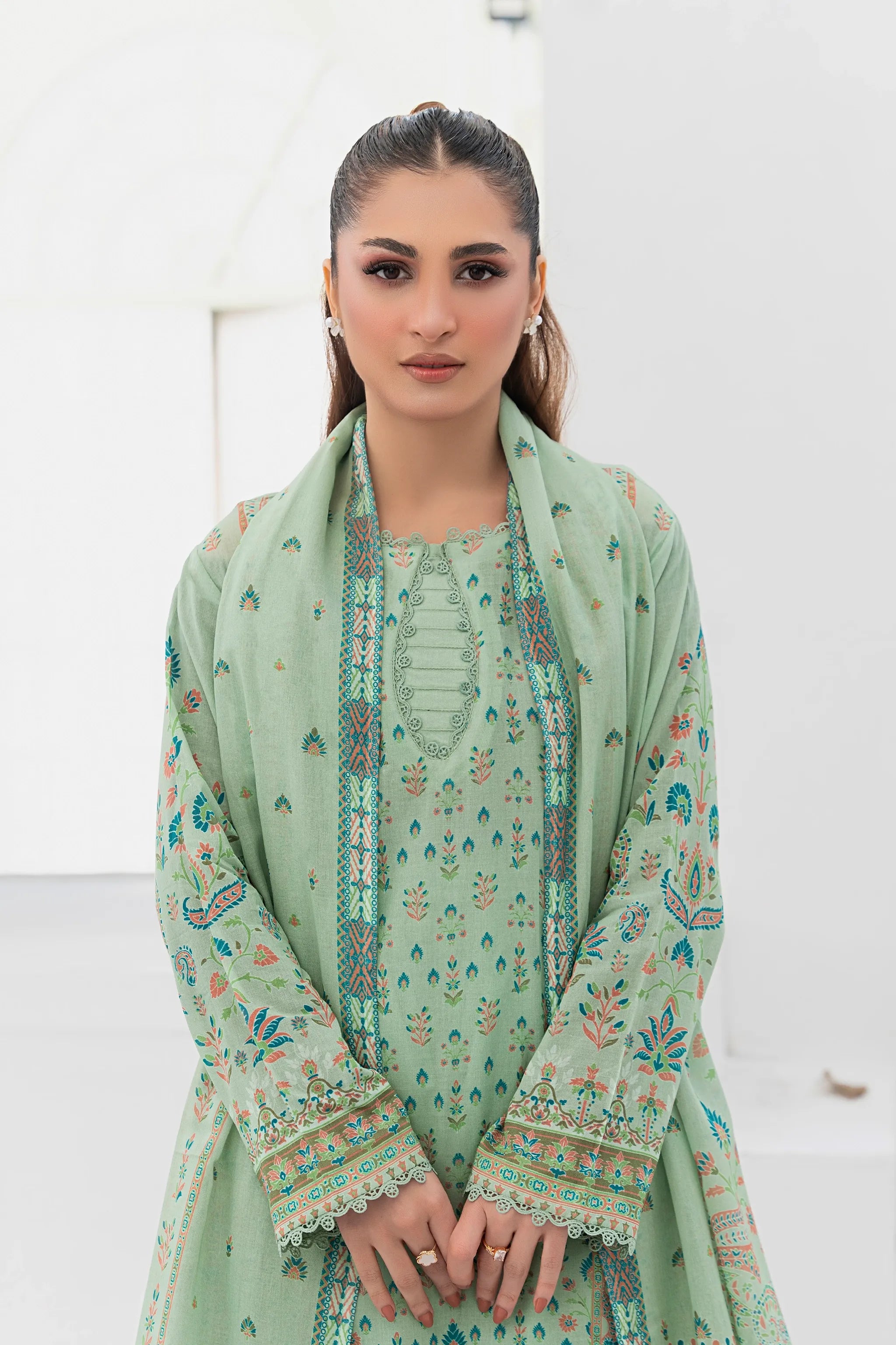 3 Piece Unstitched Laurel Green Premium Printed Lawn