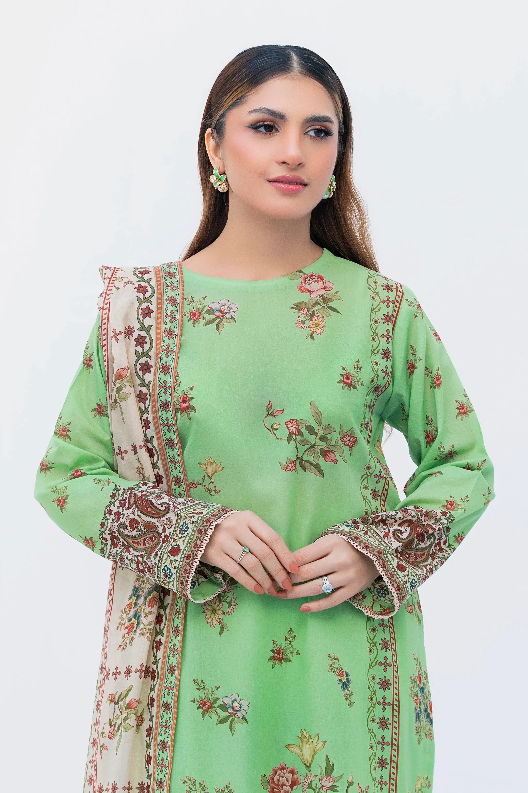 3 Piece Unstitched Light Green Premium Printed Lawn