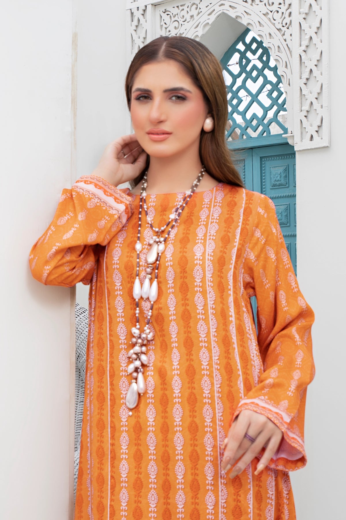 2 piece unstitched Orange Twill Marina Suit - safa noor marina collection