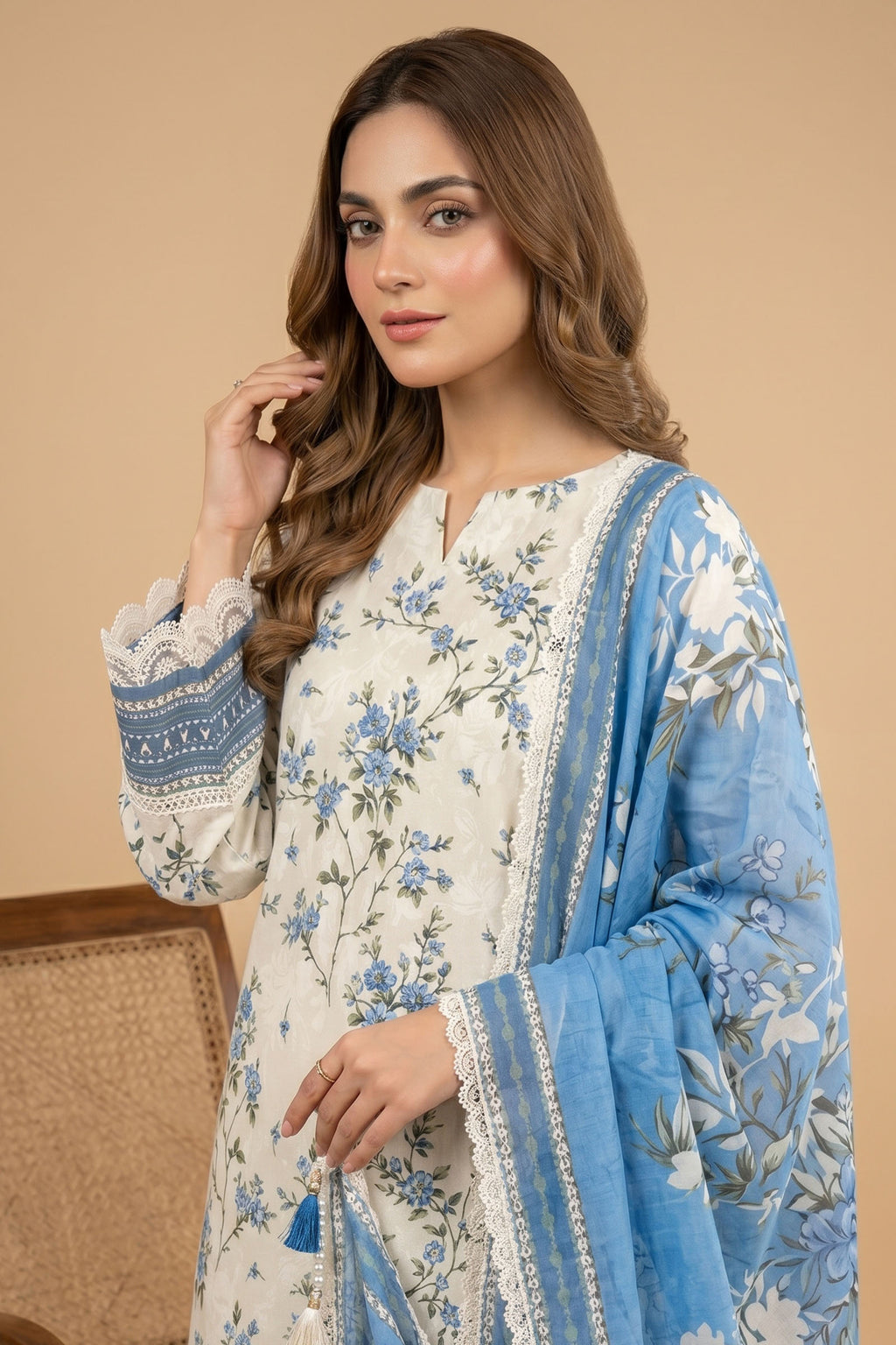 Antique White 3 Piece Unstitched Premium Printed Lawn