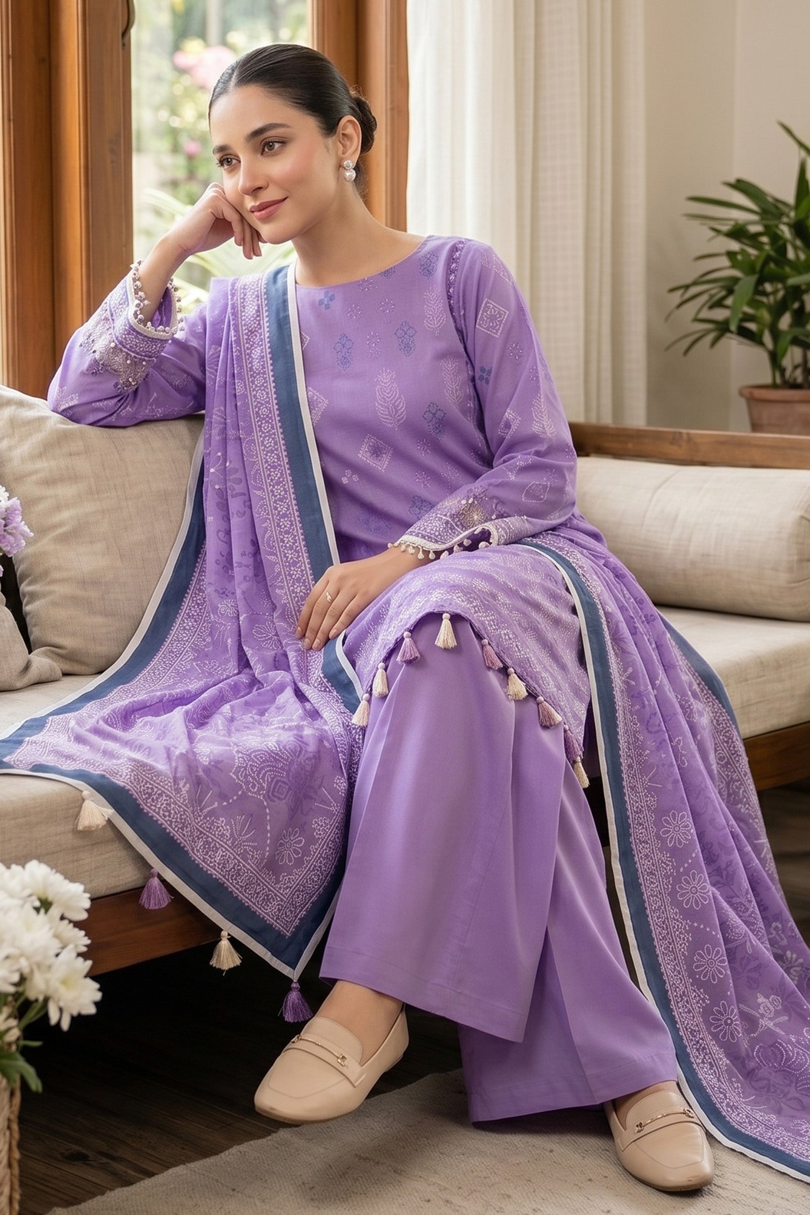 Dark Lilac 3 Piece Unstitched Premium Printed Lawn Secondary image