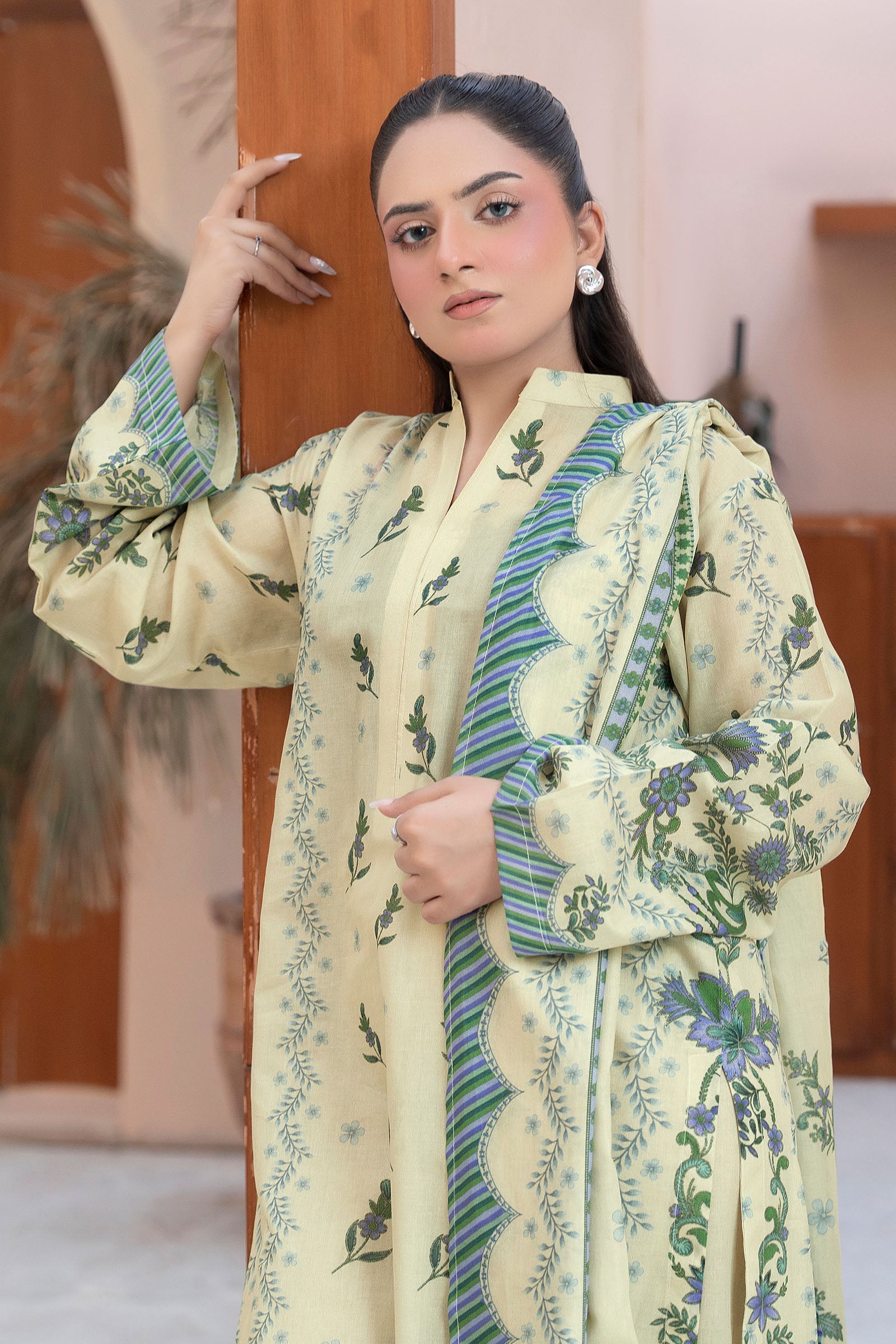 Light Beige 3 Piece Unstitched Premium Printed Lawn Secondary image