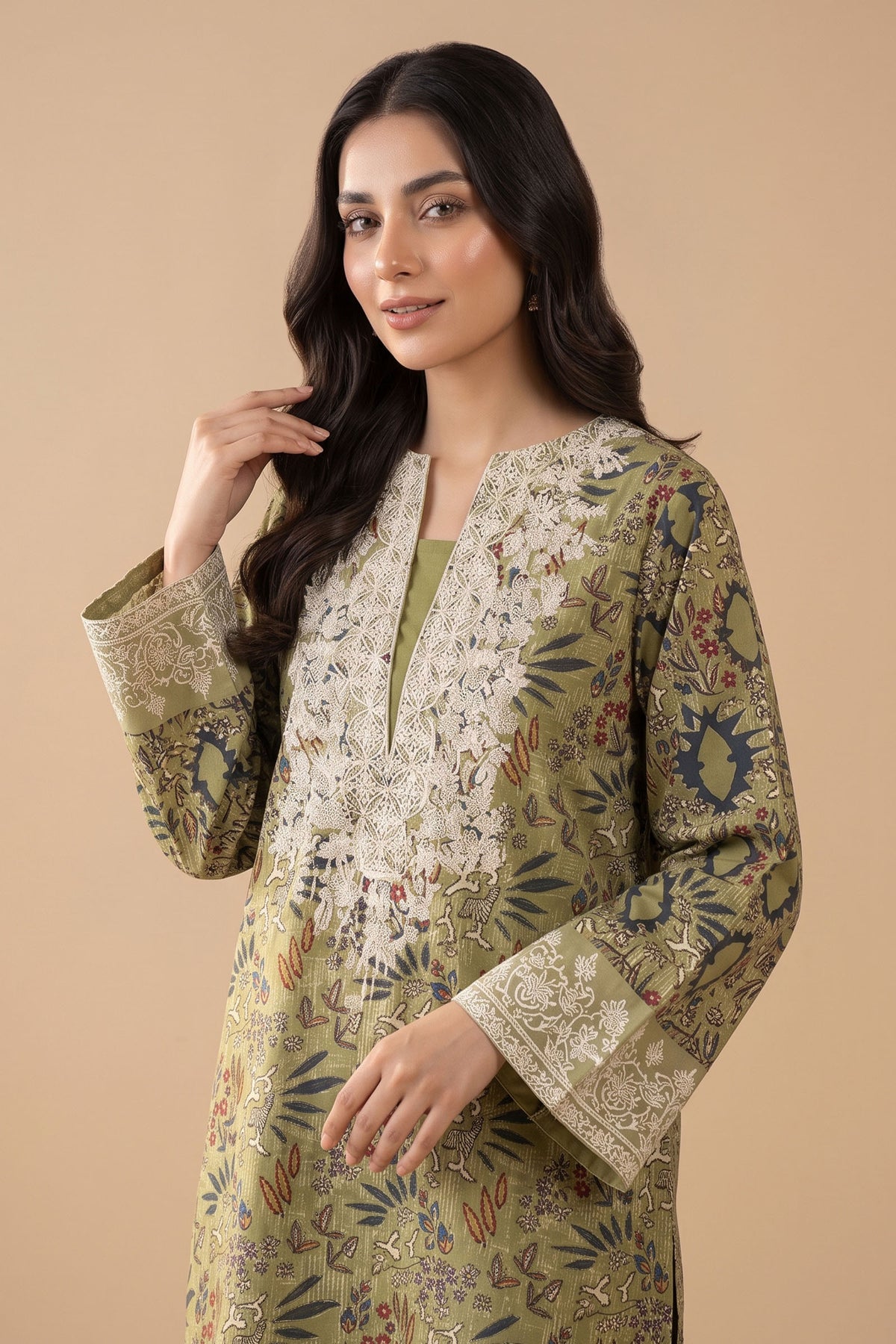 2 Piece Unstitched Embroidered Printed Khaddar - Olive Moss