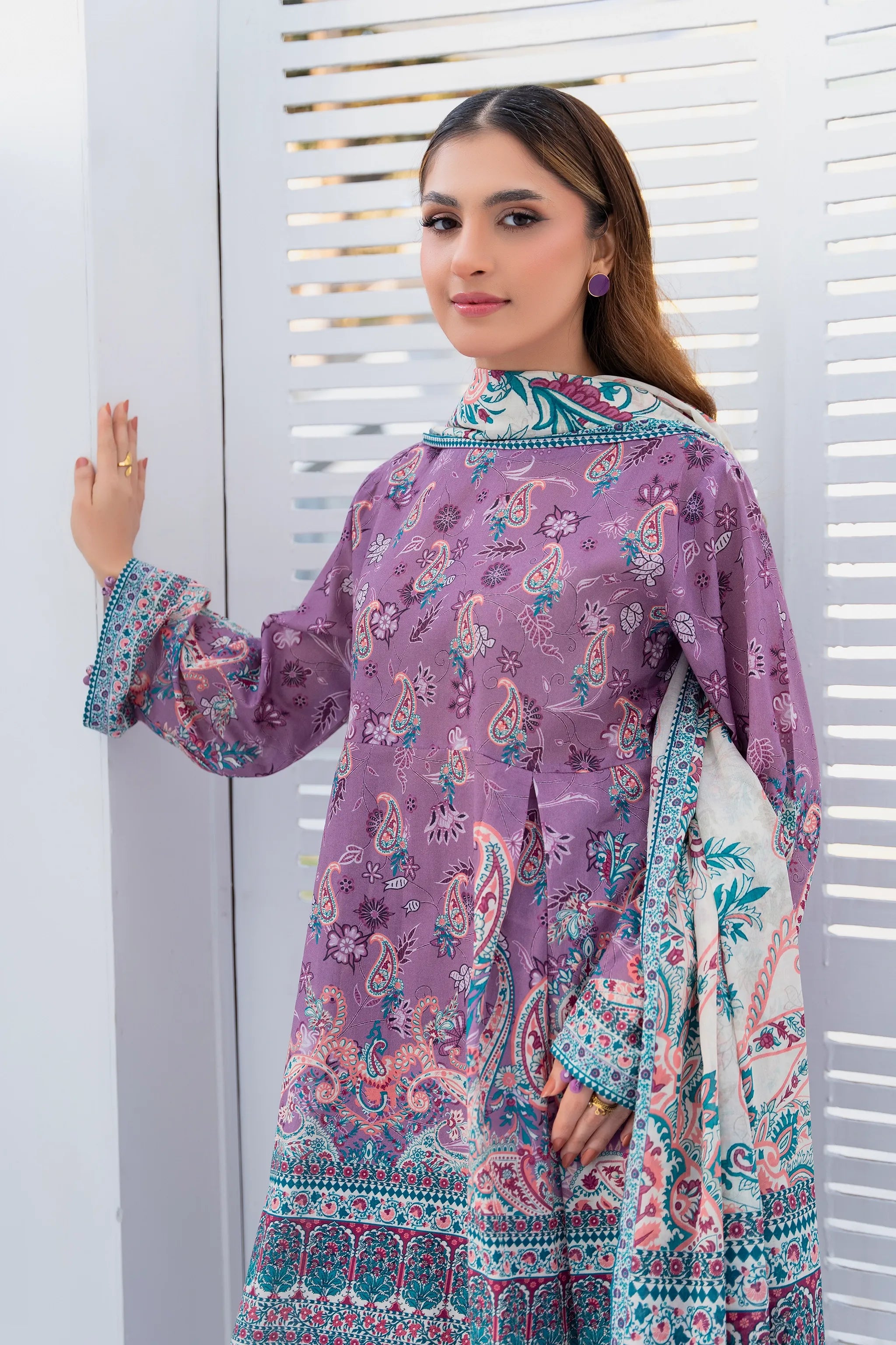 3 Piece Unstitched Purple Premium Printed Lawn