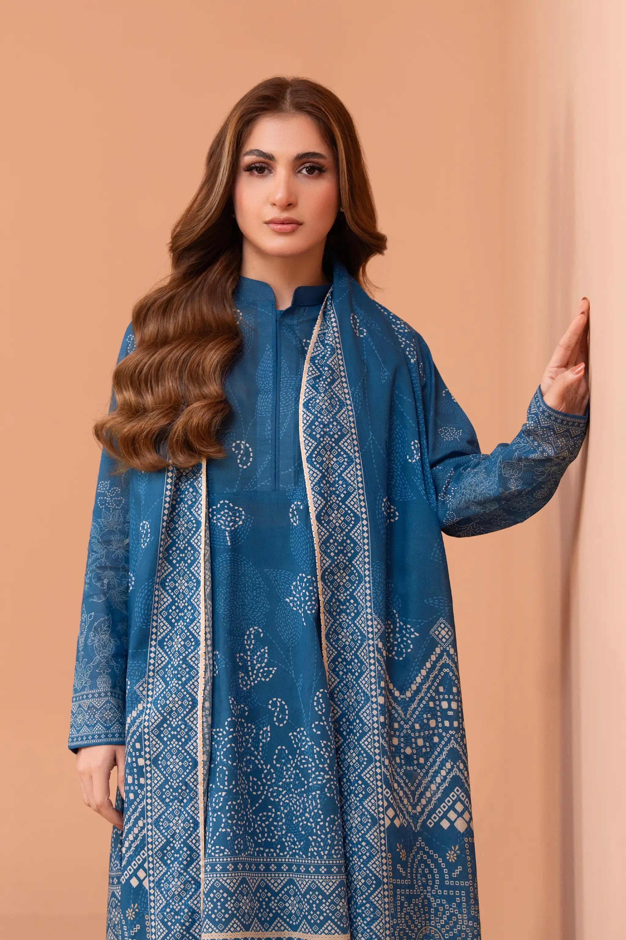 3 Piece Unstitched Sea Blue Premium Printed Lawn