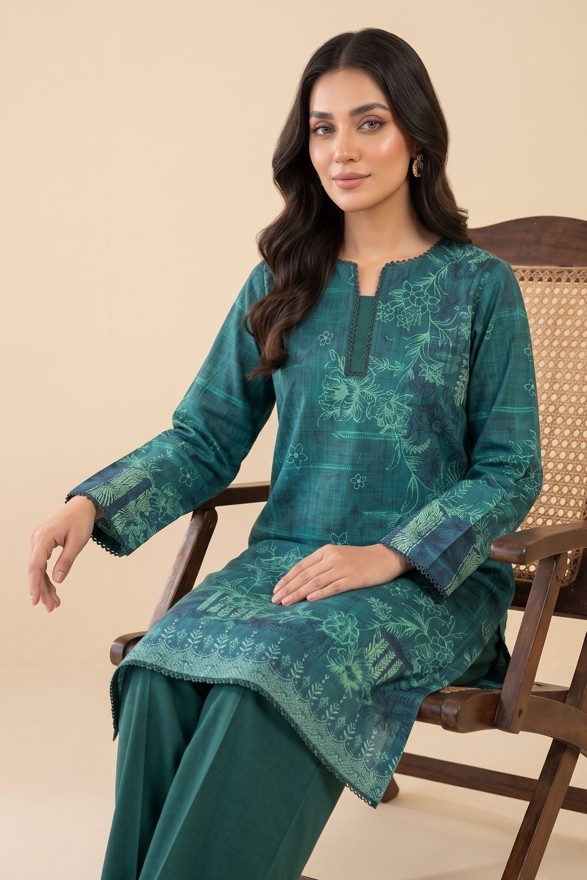 2 Piece Unstitched Digital Print Lace Khaddar - Green