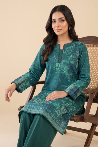 2 Piece Unstitched Digital Print Lace Khaddar - Green