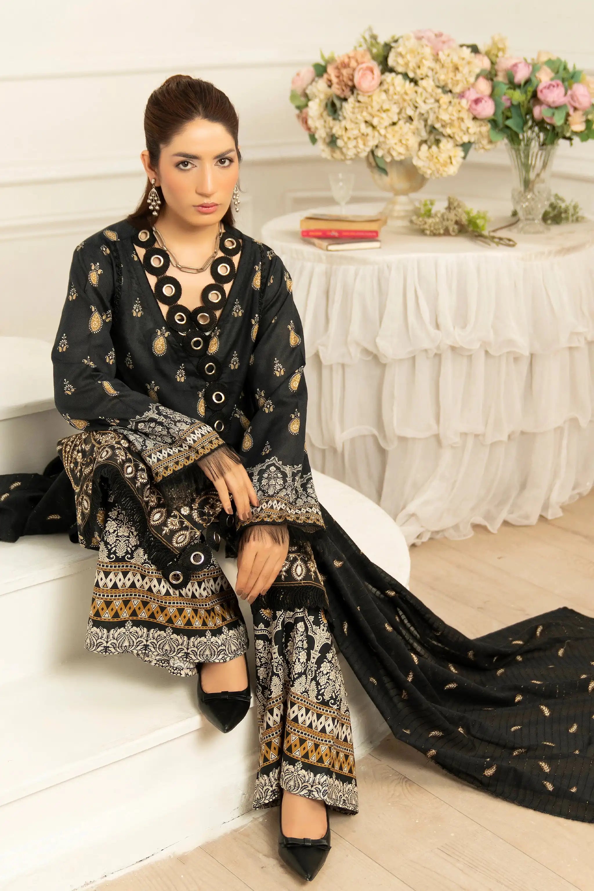 3 Piece Unstitched Black Premium Emb Jacquard Lawn Secondary image