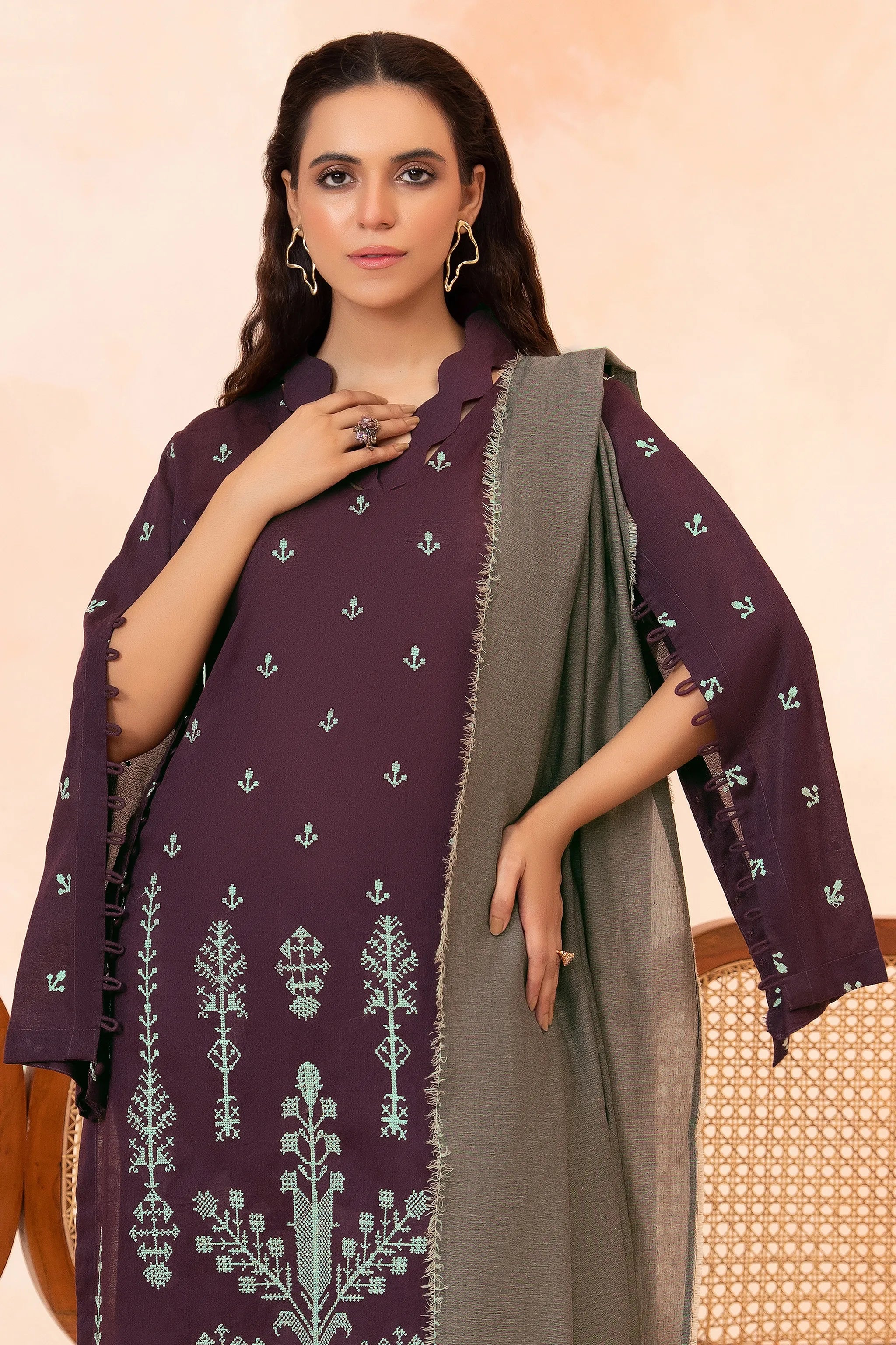 3 Piece Unstitched Wine Premium Emb Jacquard Lawn