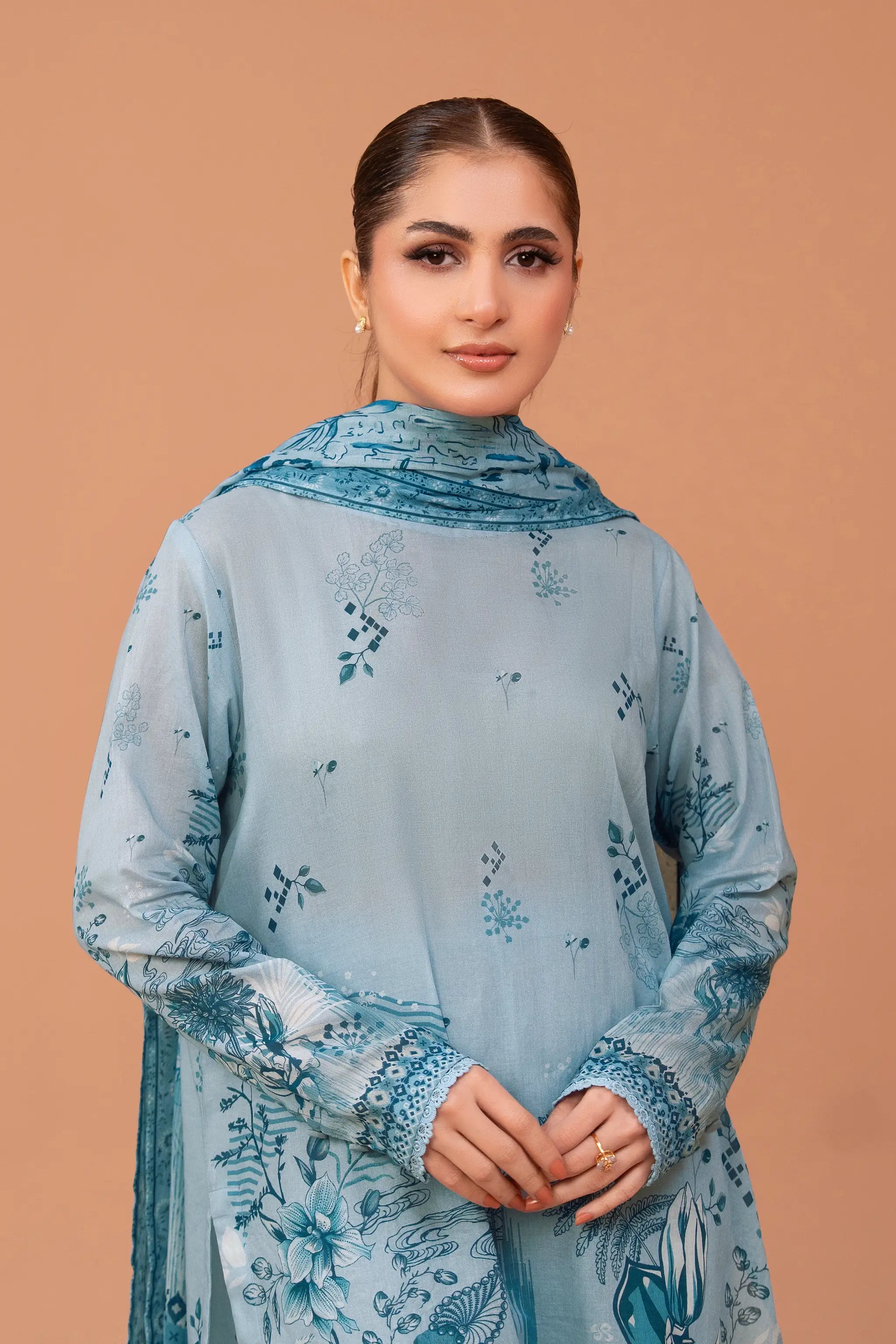 3 Piece Unstitched Moonstone Blue Premium Printed Lawn