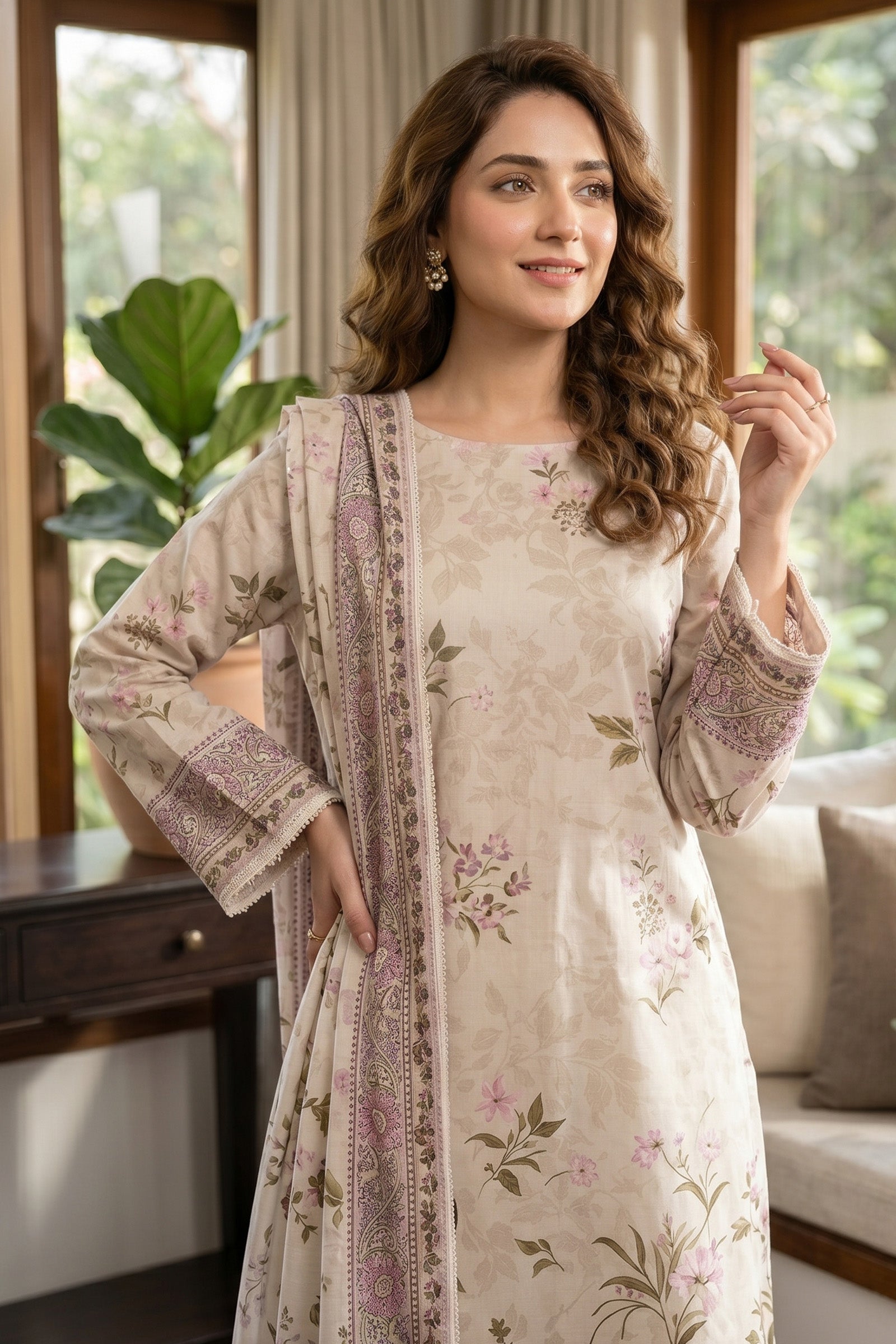 Light Beige 3 Piece Unstitched Premium Printed Lawn Secondary image