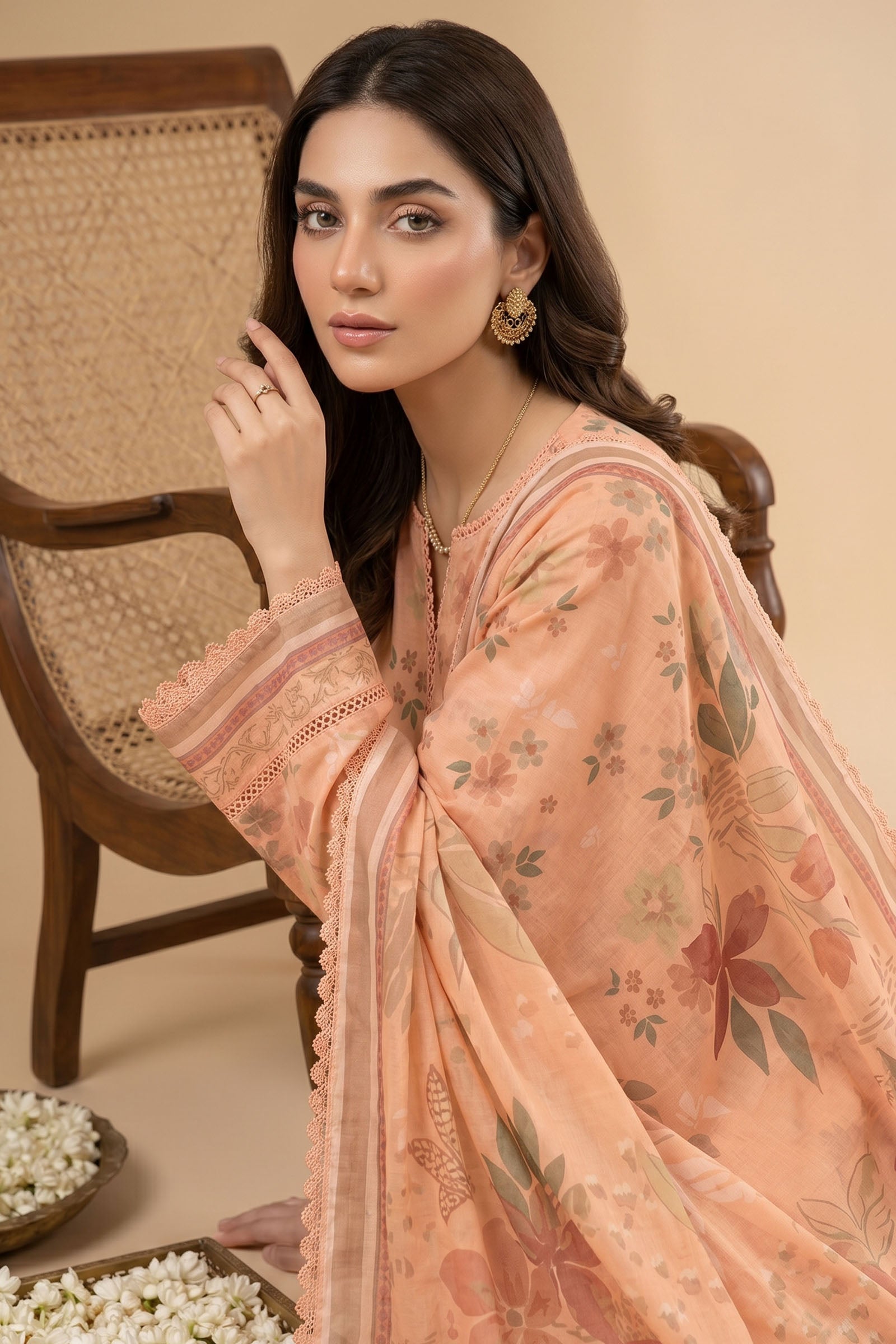 Peach 3 Piece Unstitched Premium Printed Lawn