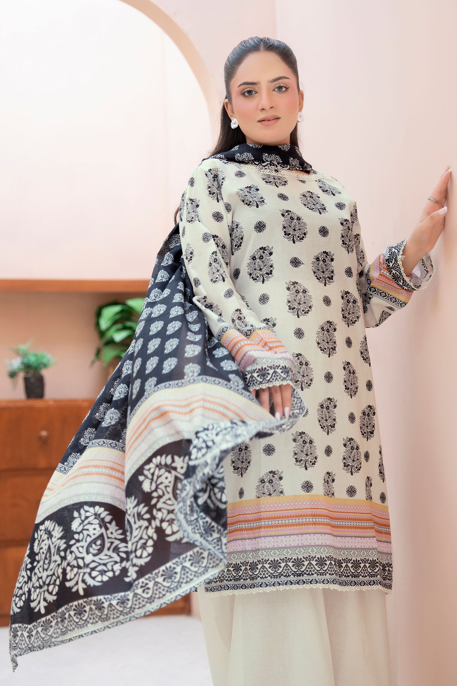 Off White 3 Piece Unstitched Premium Printed Lawn