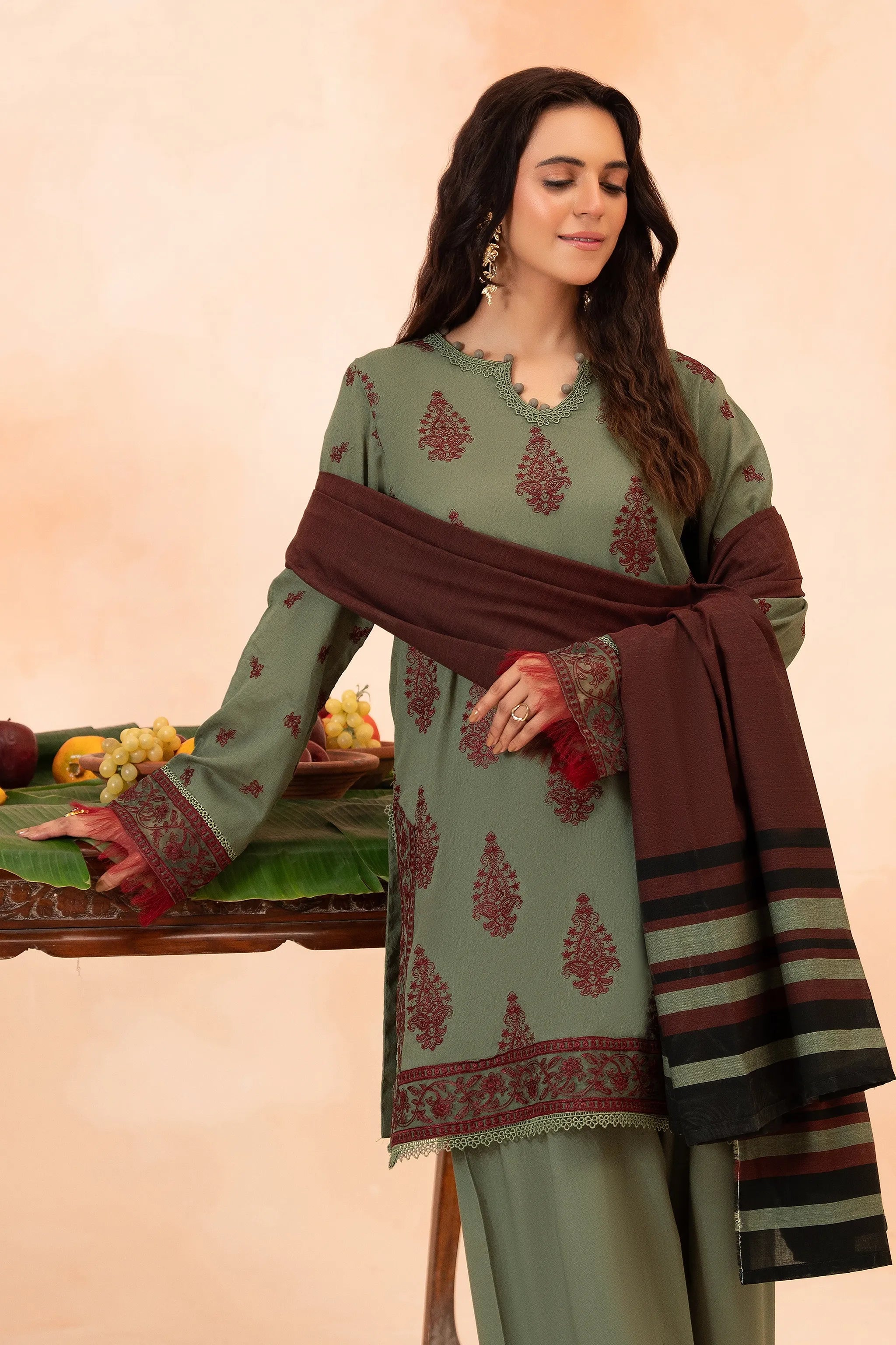 3 Piece Unstitched Camouflage Green Premium Emb Jacquard Lawn