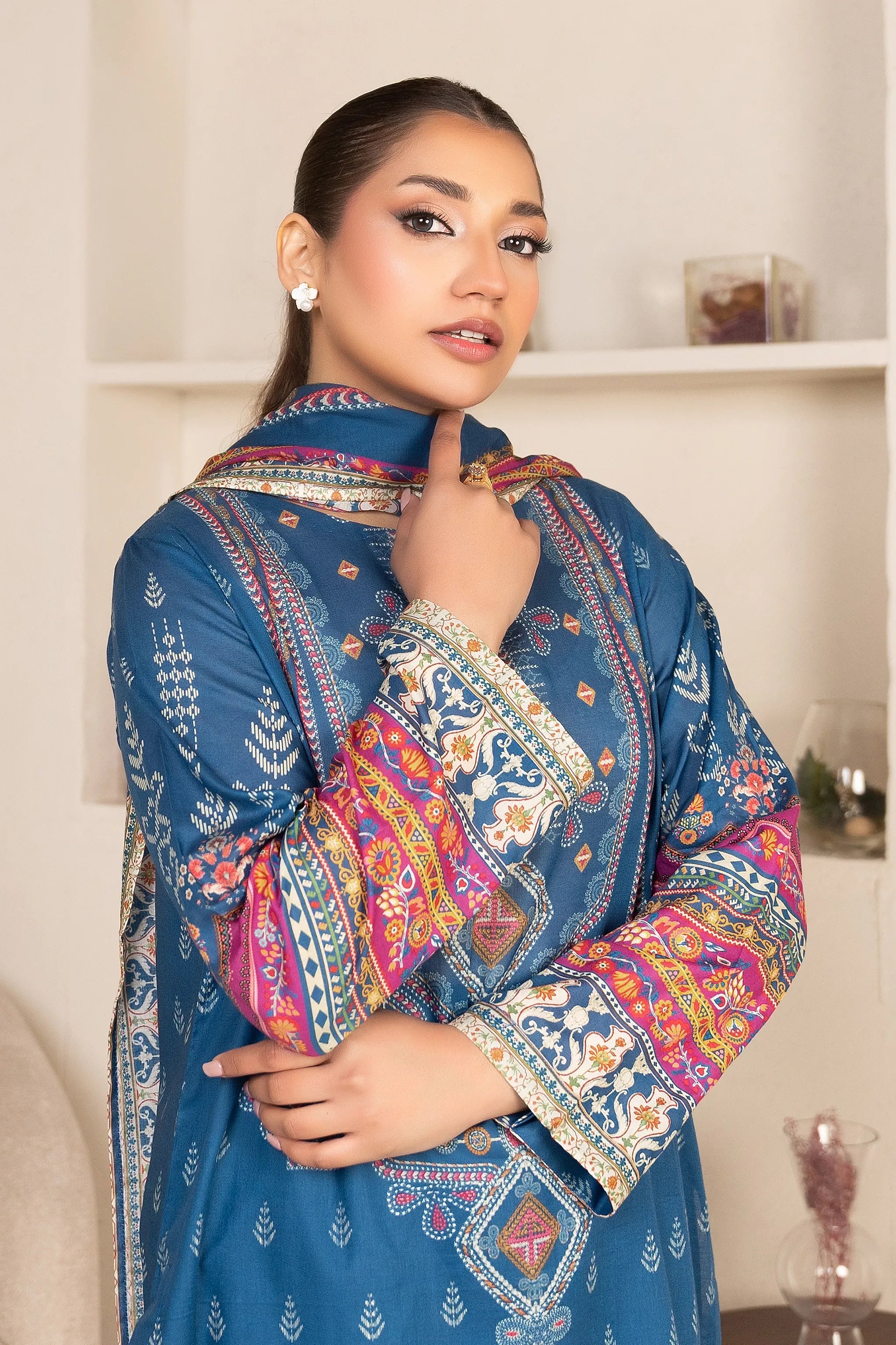 3 Piece Unstitched Sea Blue Premium Printed Lawn
