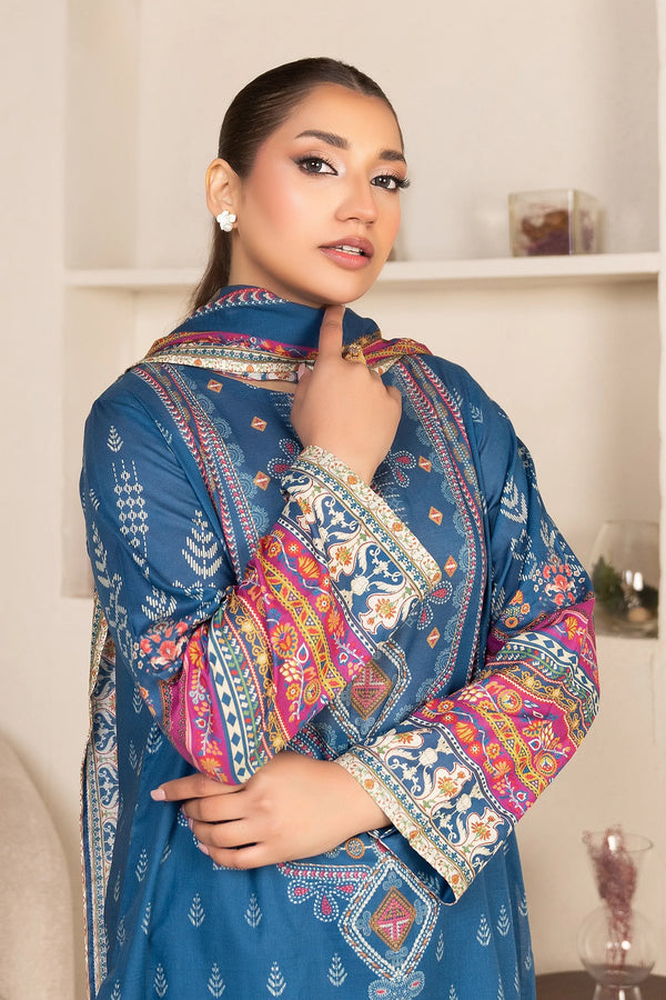 3 Piece Unstitched Sea Blue Premium Printed Lawn