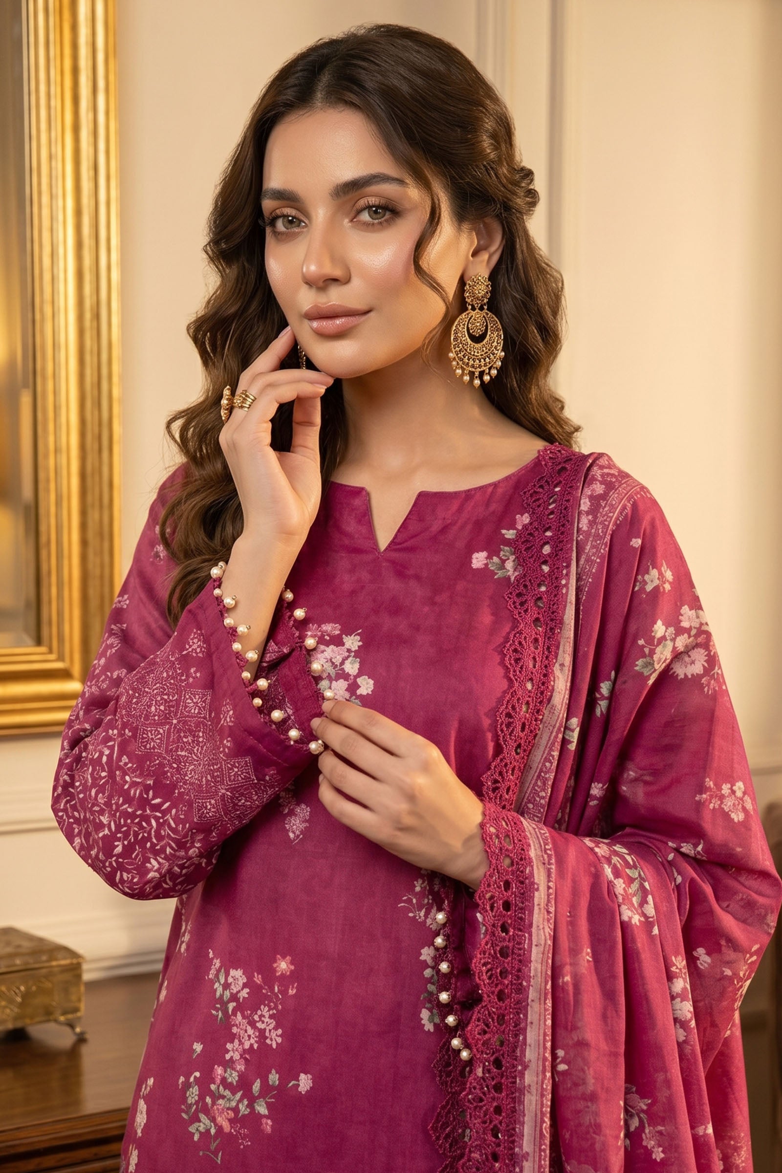 Raspberry 3 Piece Unstitched Premium Printed Lawn
