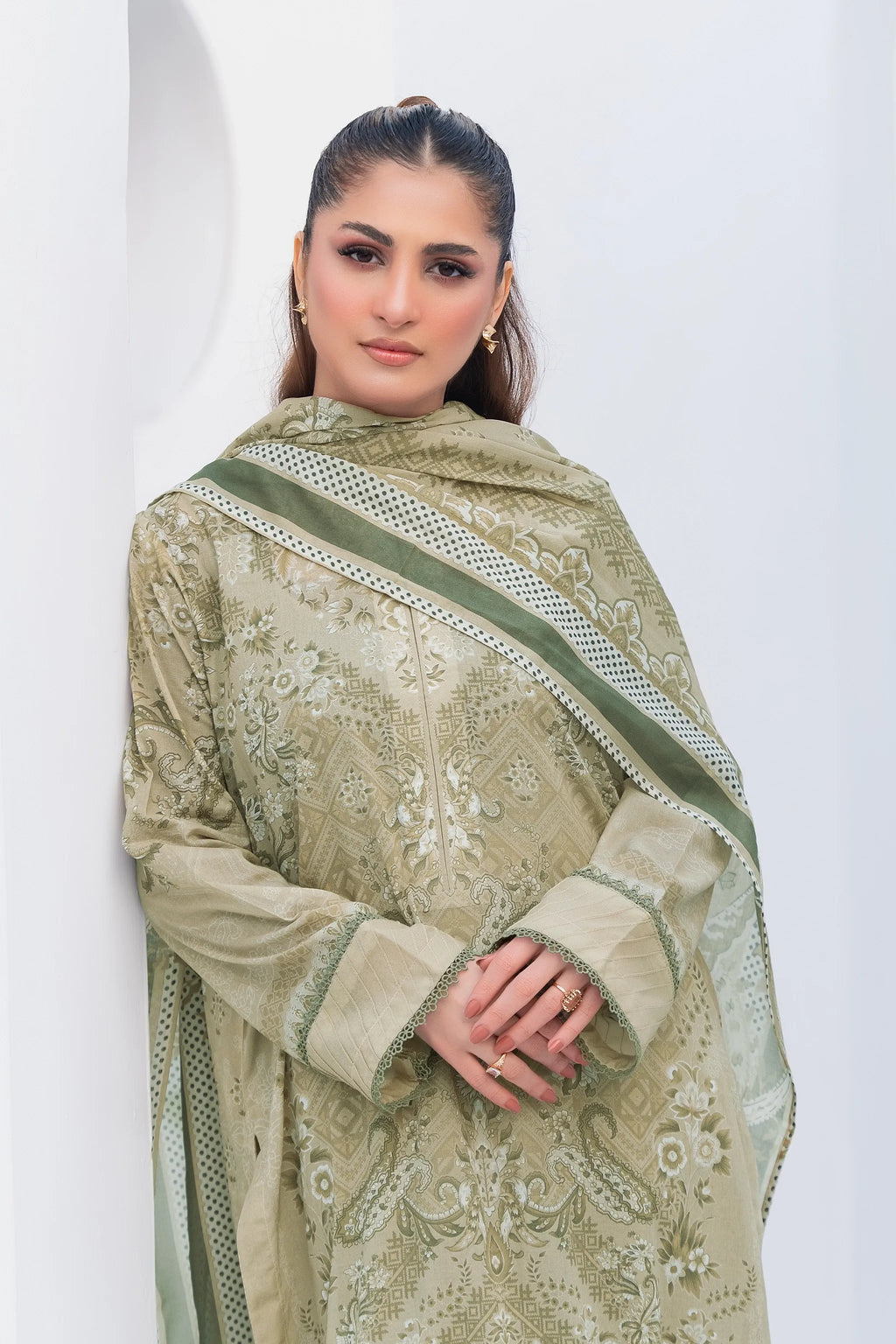 3 Piece Unstitched Pale Oyster Premium Printed Lawn
