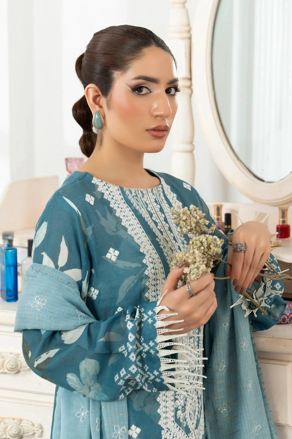 3 Piece Unstitched Cadet Blue Premium Emb Jacquard Lawn
