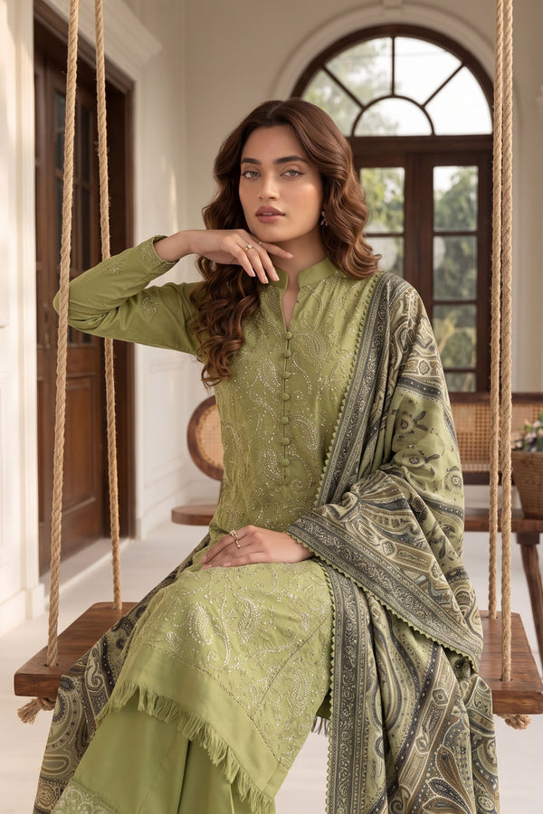 Unstitched Premium Printed 3-Piece Pickle GreenSuit