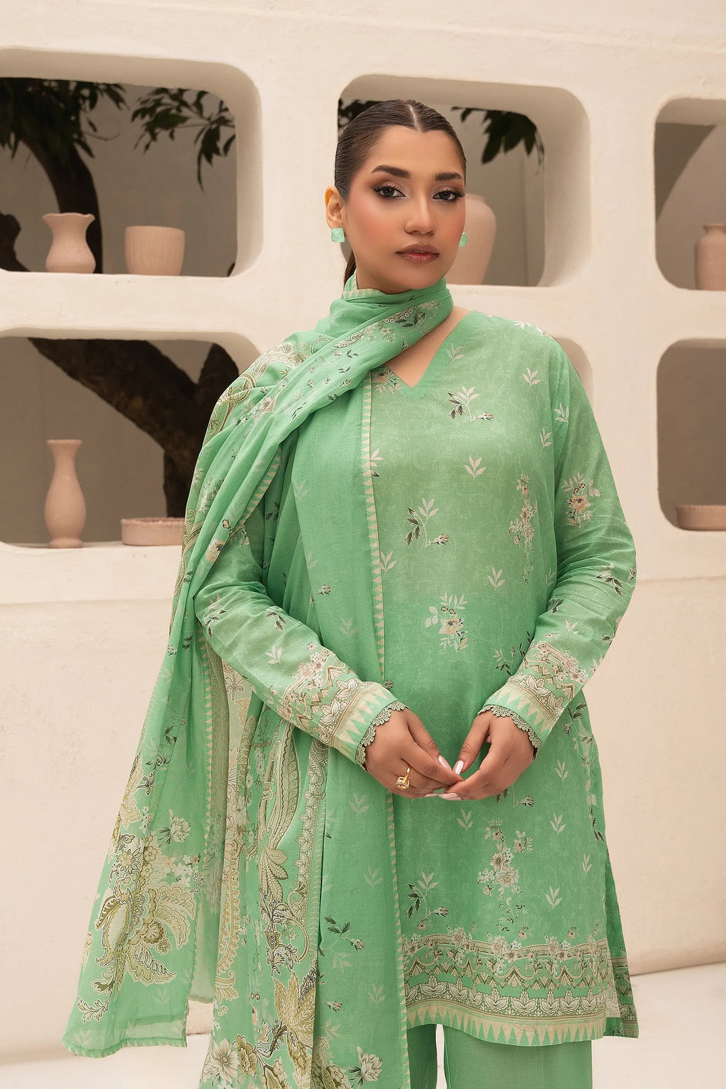 3 Piece Unstitched Sea Green Premium Printed Lawn