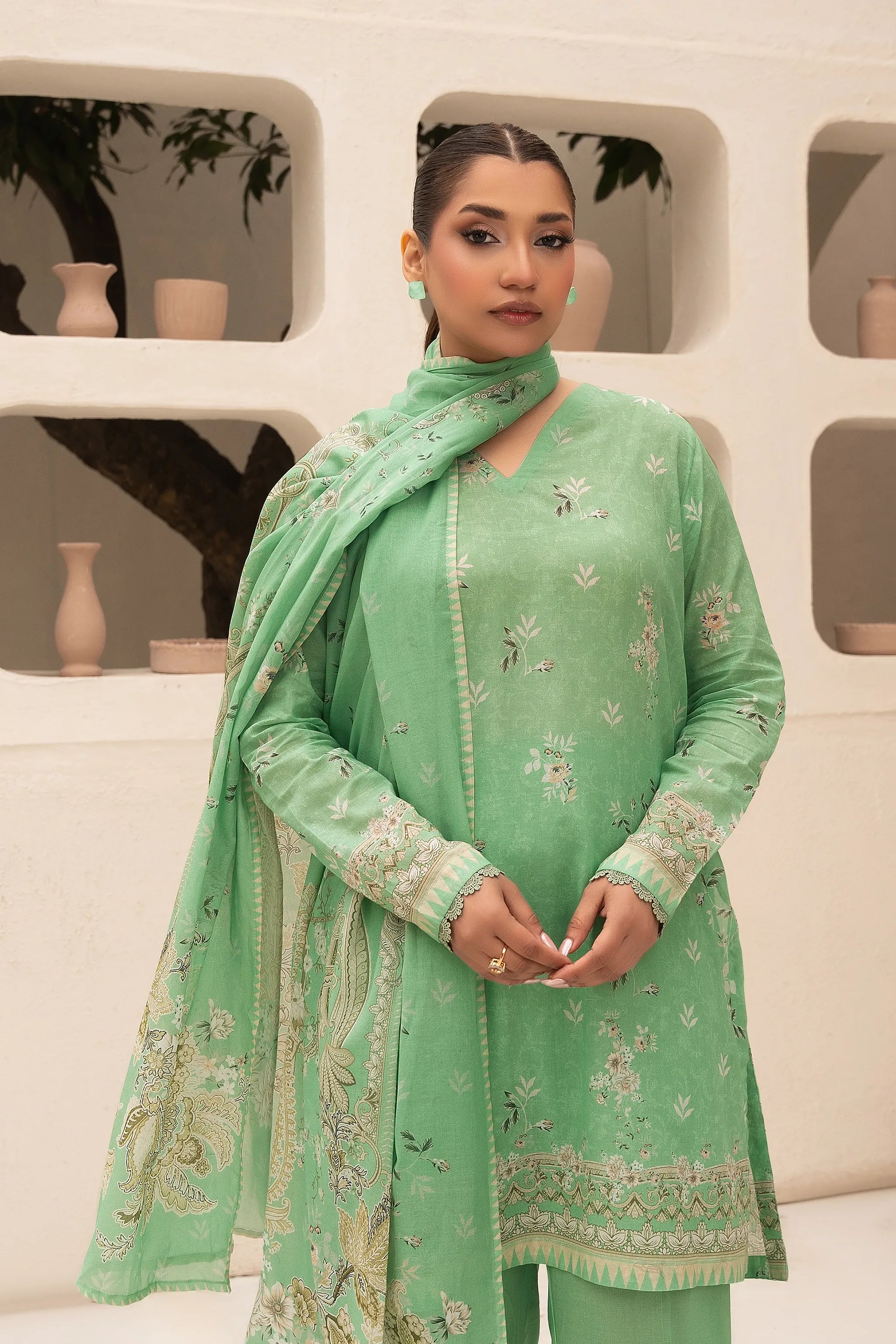 3 Piece Unstitched Sea Green Premium Printed Lawn