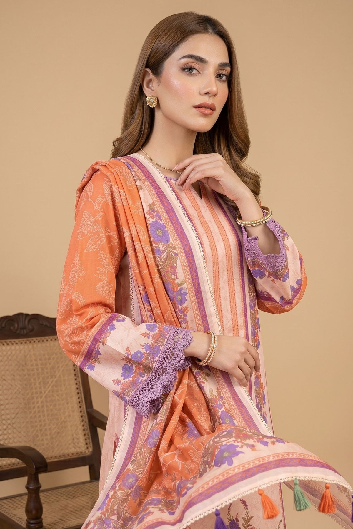 Peach 3 Piece Unstitched Premium Printed Lawn Main image