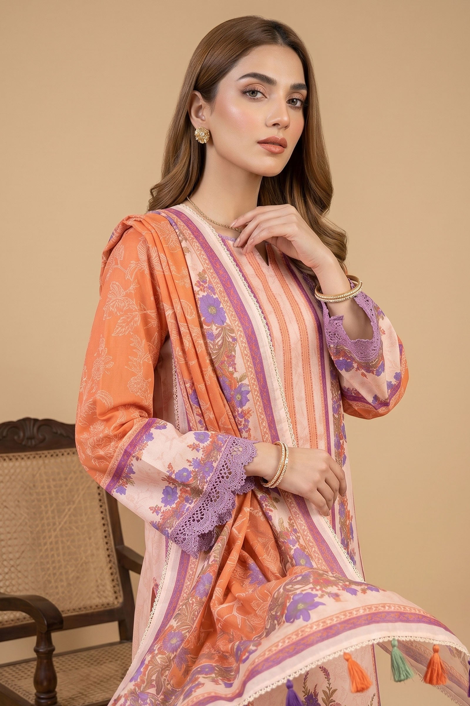 Peach 3 Piece Unstitched Premium Printed Lawn
